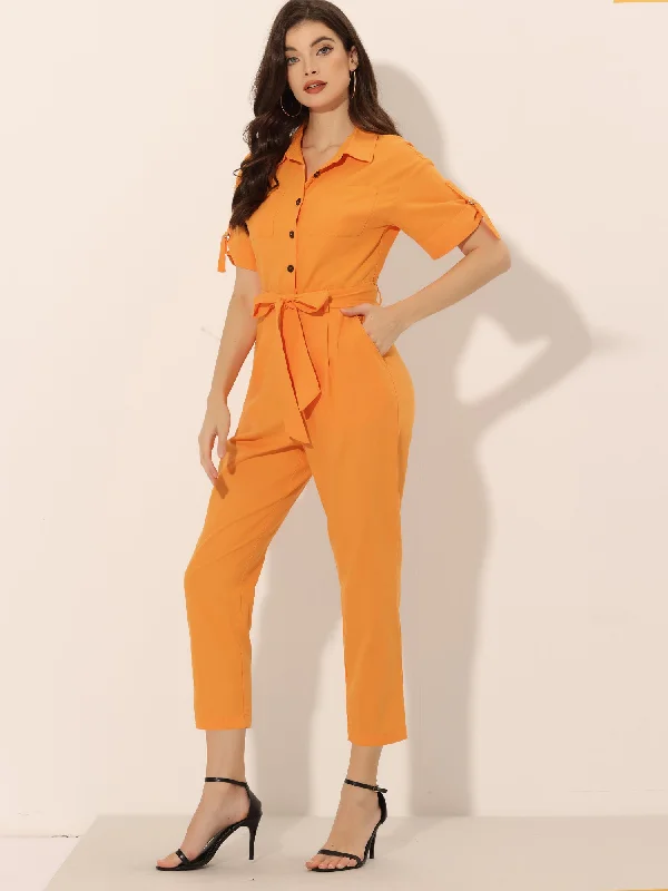 women's chic jumpsuitsShort Sleeve Button Down Belted Tie Waist Cotton Cargo Jumpsuit