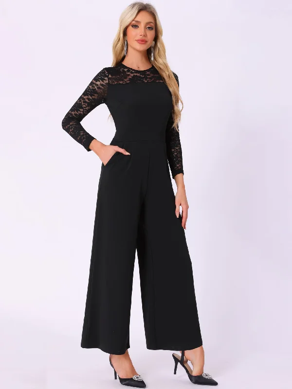 women's jumpsuits with neon colorsCrew Neck Mesh Lace Sleeve Wide Leg Jumpsuit