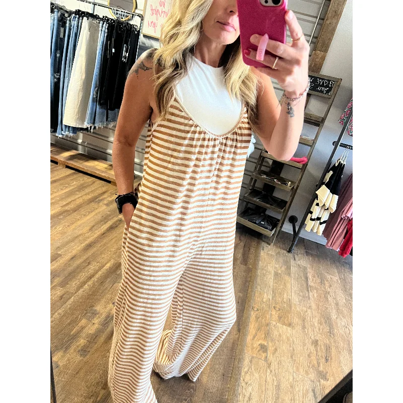 women's casual jumpsuitsCamel Striped Wide Leg Jumpsuit