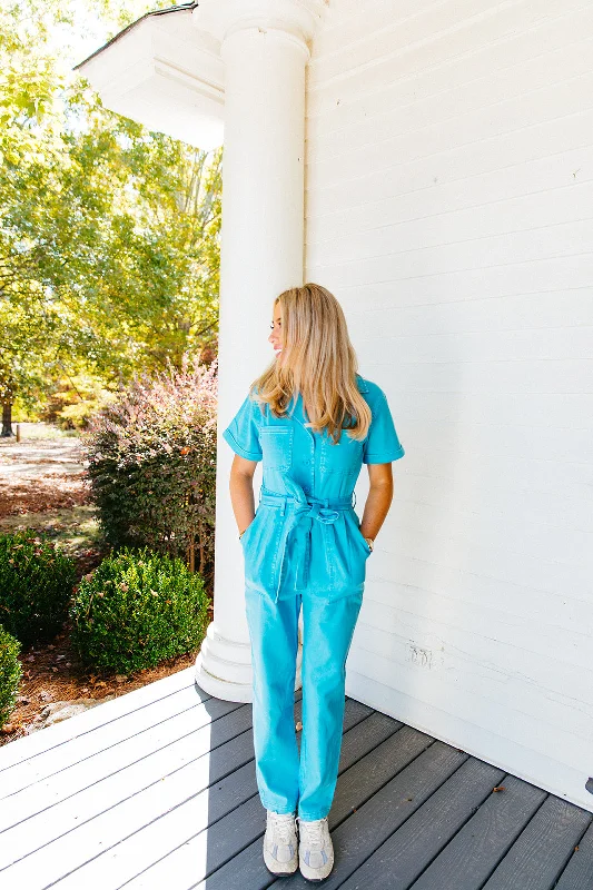 women's jumpsuits with striped patternsKylie Washed Utility Jumpsuit - Bright Blue