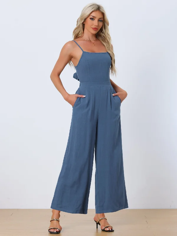 women's casual jumpsuitsLinen Sleeveless Spaghetti Strap Backless Wide Legs Jumpsuits