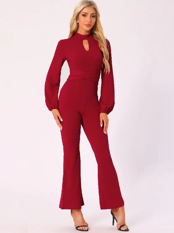 women's jumpsuits made of denimSolid Color Long Sleeve Keyhole Bell Bottom Jumpsuit