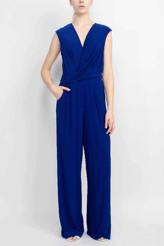 women's jumpsuits with metallic finishesEmma & Michele 101690 - Surplice V-Neck Blouson Jumpsuit