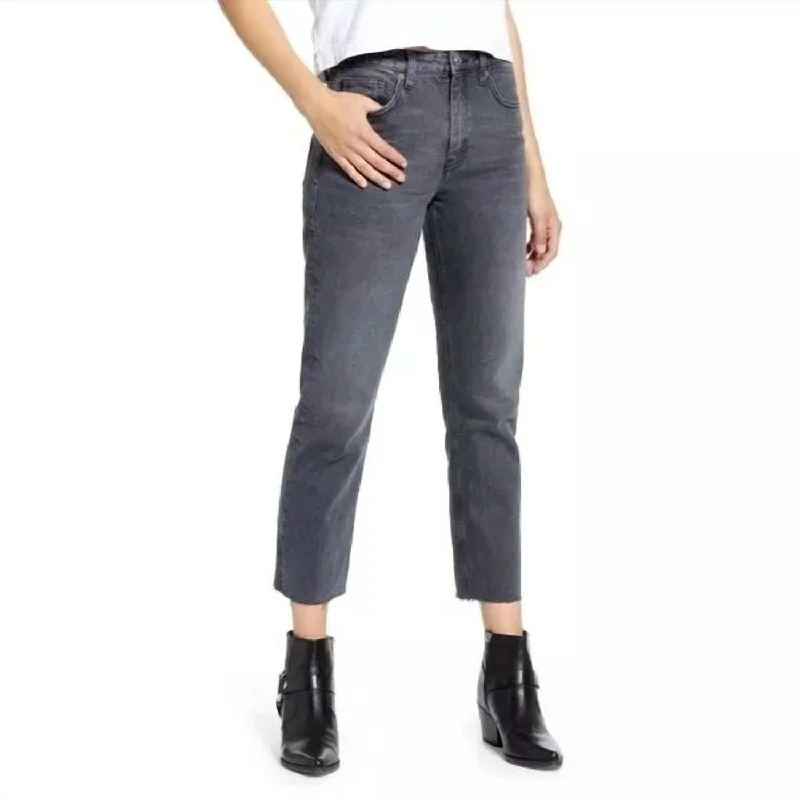 women's denim jeans for hourglass figuresStraight Leg High Waist Raw Hem Cropped Jeans In Grey