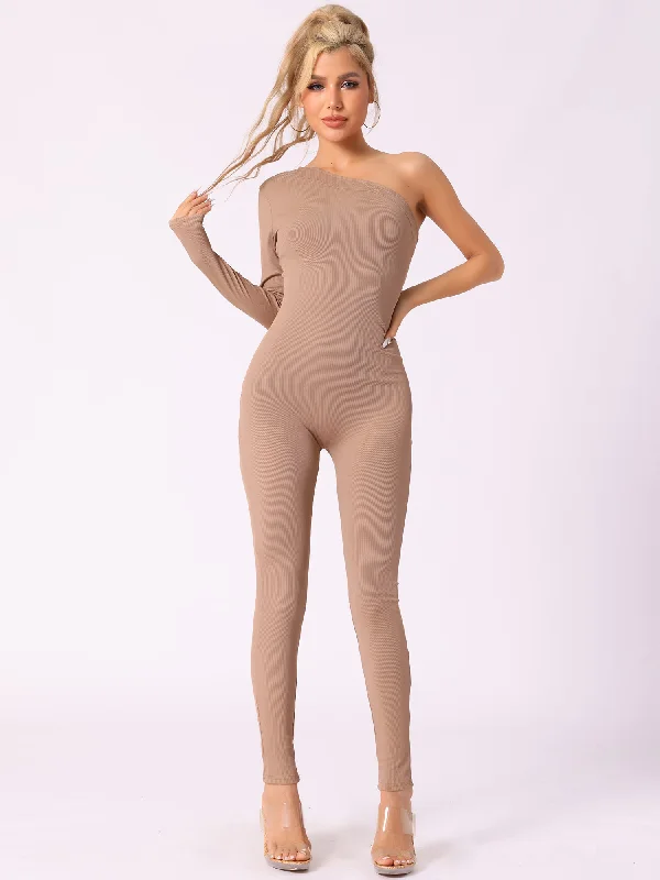 women's jumpsuits made of laceOne Shoulder Long Sleeved Solid Color Unitard Jumpsuit