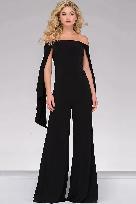 women's jumpsuits with lace detailsJovani 39598 Off the Shoulder Jersey Jumpsuit 1 pc Black in size 6 Available