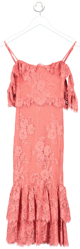 women's silk dressesLovers and Friends Pink Bardot Lace Midi Dress UK XXS