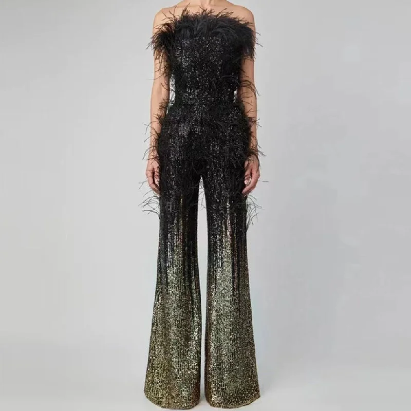 women's jumpsuits for all-day comfortOpulent Wispy Feather Trim Strapless High Waist Wide Leg Ombre Sequin Jumpsuit