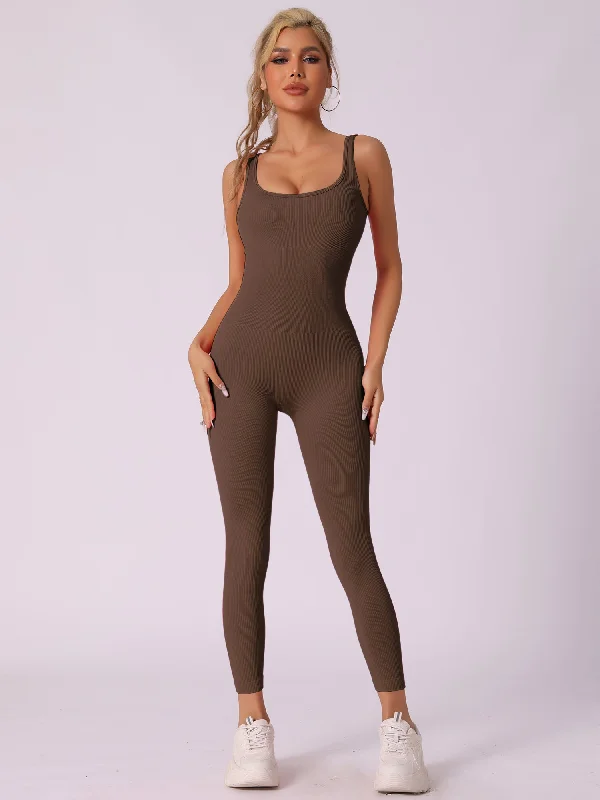 women's jumpsuits with long sleevesU Neck One Piece Sleeveless Ribbed Workout Unitard Jumpsuit