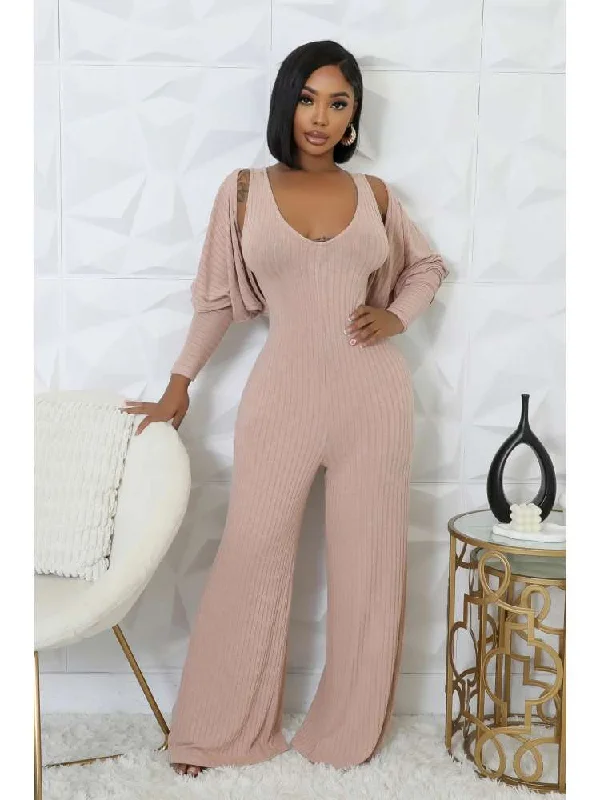 women's jumpsuits for cozy daysRib Puff Sleeve Shrug V Neck Jumpsuit 2 Piece Sets