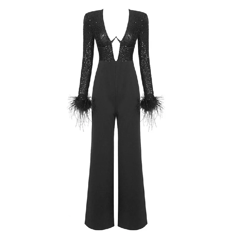 women's jumpsuits for fair-trade practicesSparkly Sequin Underwire Plunge Feather Long Sleeve High Waist Wide Leg Jumpsuit