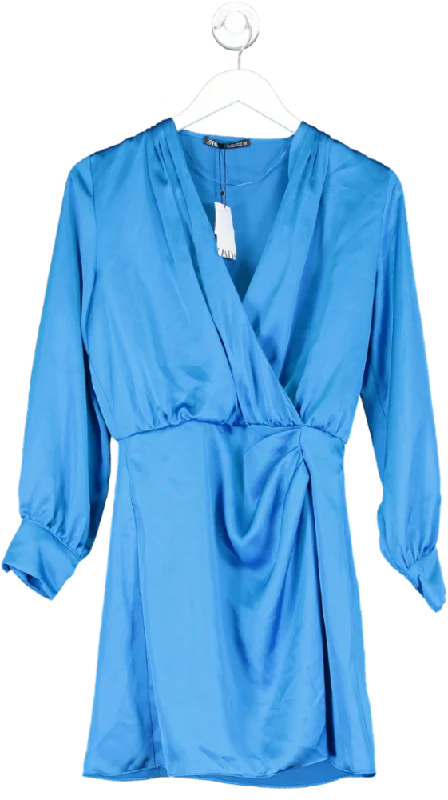 women's sustainable dressesZARA Blue Draped Satin Long Sleeve Wrap Mini Dress BNWT UK S