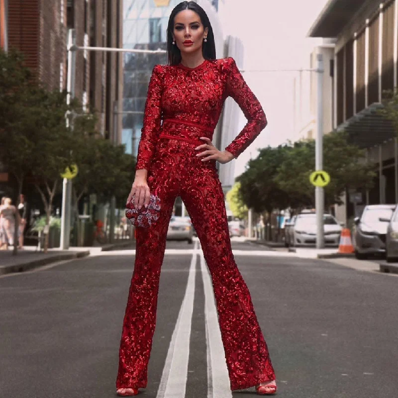 women's jumpsuits for versatile stylingSparkly Lace Embellished Long Sleeve Flare Sequin Bandage Jumpsuit - Red