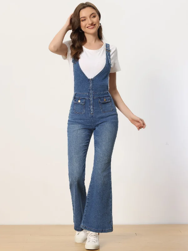 women's jumpsuits with solid colorsCasual Denim Jumpsuits V Neck Zip Up Bell Bottom Jeans Overall