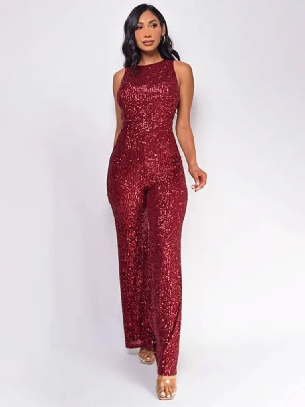 women's jumpsuits for moisture-wicking materialsPatchwork Sequin Sleeveless Wide Leg Jumpsuits