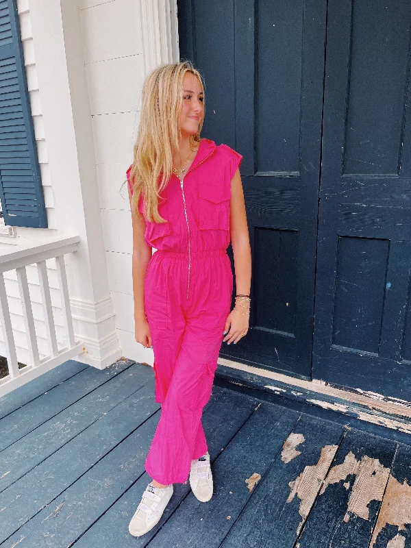 women's jumpsuits with lace detailsWork It Cargo Jumpsuit - Fuchsia