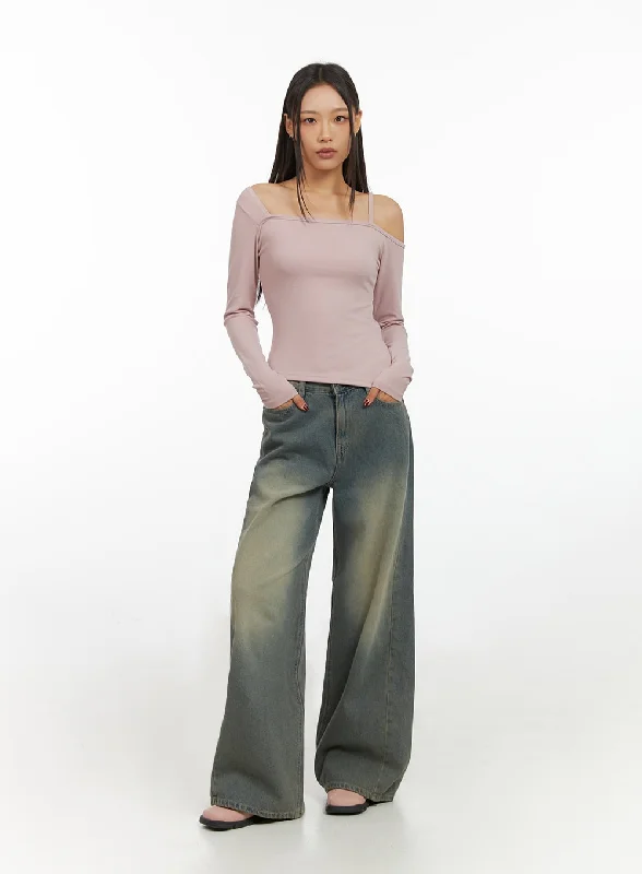 women's denim jeans with functional pocketsInez Washed Denim Wide Leg Jeans IS427