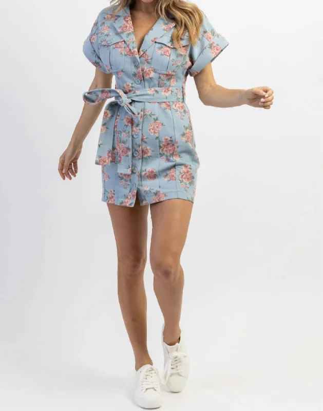 women's spaghetti strap dressesDenim Belted Mini Dress In Fleur