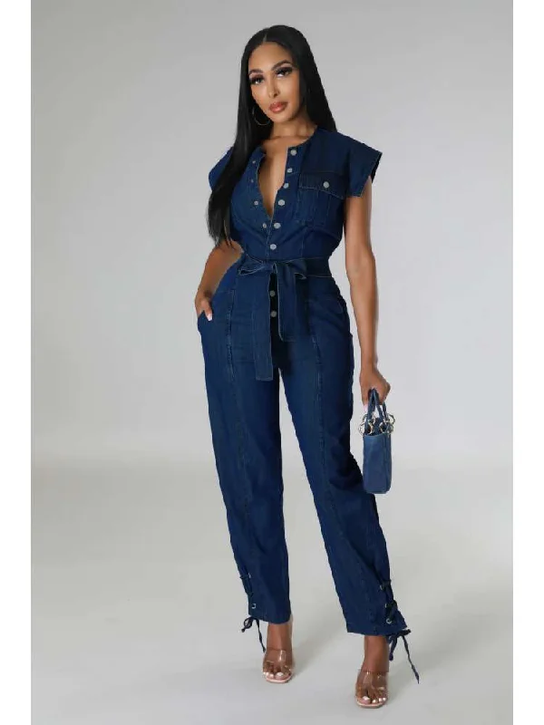 women's jumpsuits for maximalist fashionEyelets Denim Lace Up Sleeveless Jumpsuits