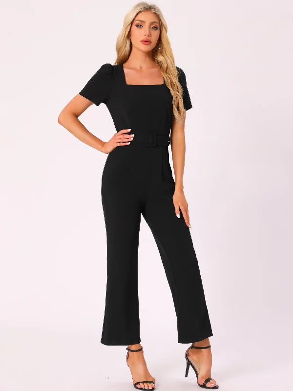 women's jumpsuits made of satinSquare Neck Puff Short Sleeve Loose Wide Leg Jumpsuit