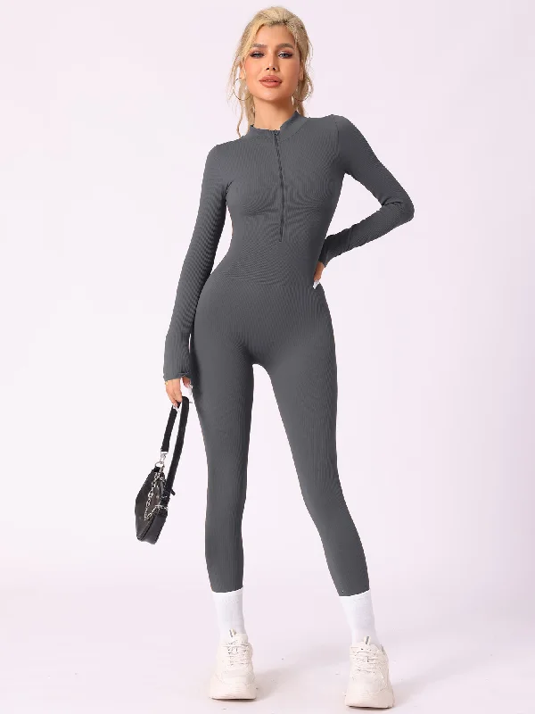 women's jumpsuits with striped patternsRibbed One Piece Workout Fitness Front Zipper Unitard Jumpsuit