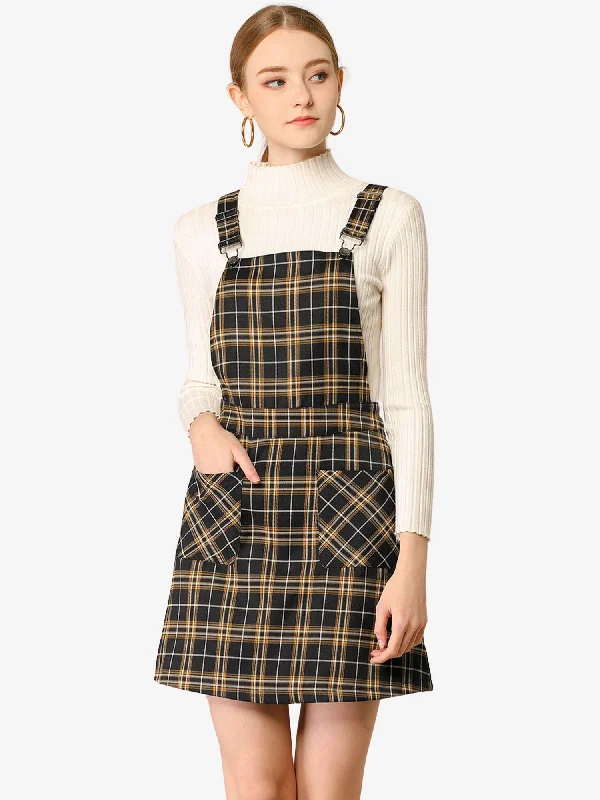 women's jumpsuits with rufflesAdjustable Strap Above Knee Plaid Printed Overall Suspender Skirt