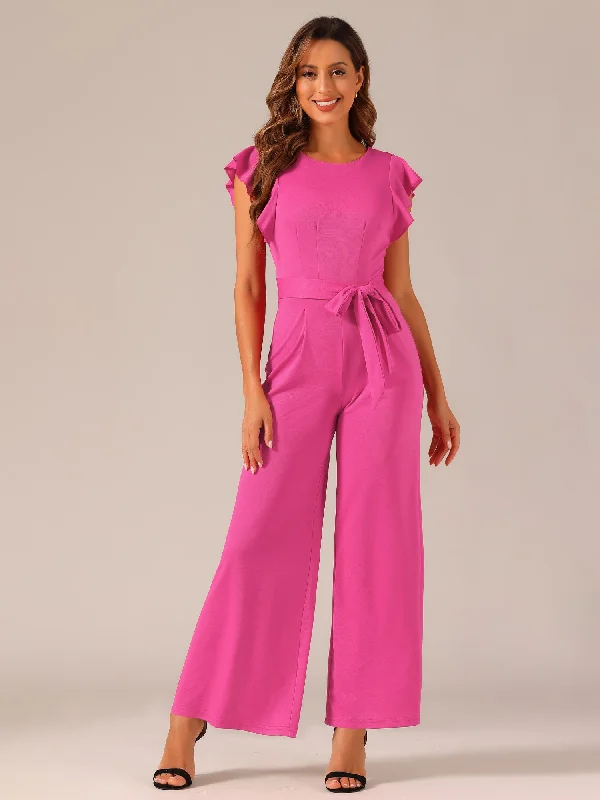 women's dressy jumpsuitsRuffle Short Sleeves High Waist Wide Legs Belted Jumpsuits