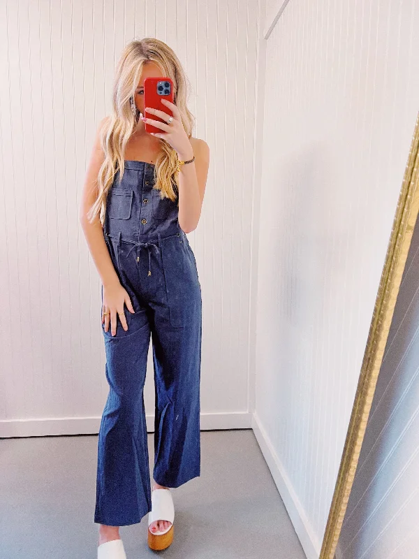 women's jumpsuits with neon colorsGood Vibes Only Utility Jumpsuit - Denim Blue