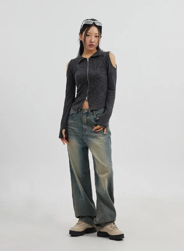 women's denim jeans with embroidered back pocketsVintage Wash Wide Leg Jeans CJ319