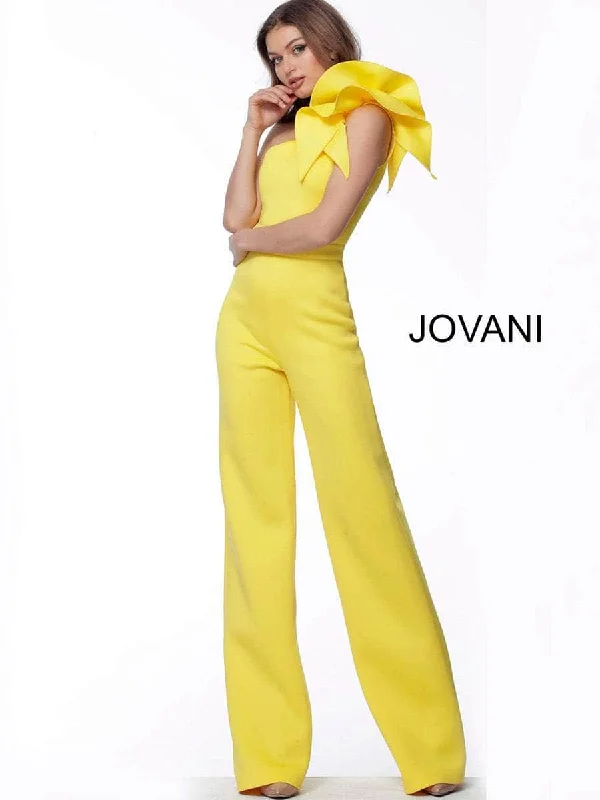 women's jumpsuits for lightweight designsJovani 68599ASC - Ruffled One Shoulder Jumpsuit