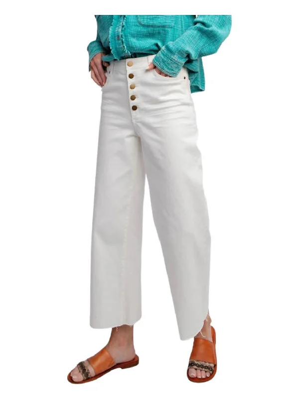 women's clubbing pantsButton Fly Wide Leg Twill Raw Hem Trousers In Ecru