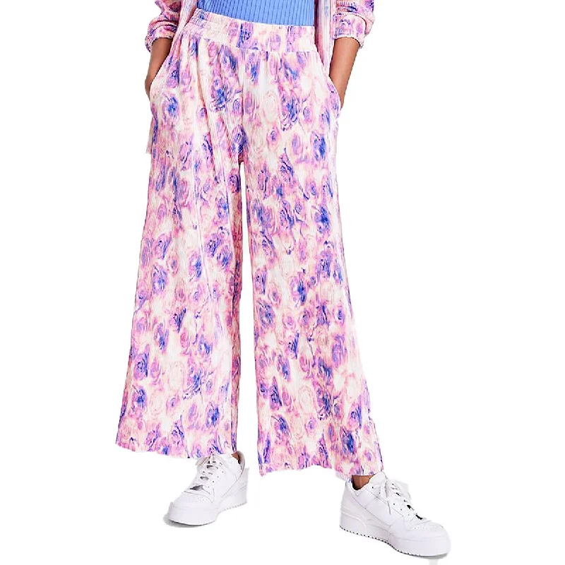 women's drawstring pantsPetites Womens Pleated Printed Wide Leg Pants