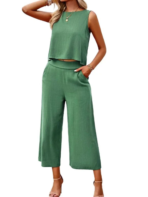 women's spring pantsSleeveless Cropped Top And Wide Pants Set In Green