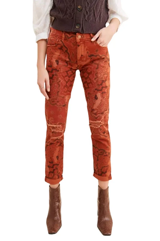 women's sustainable pantsSlim Boyfriend Crop Pants In Orange Motif