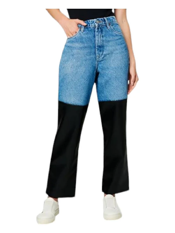 women's designer pantsThe Baxter Straight Leg Jeans In Blue And Black Faux Leather