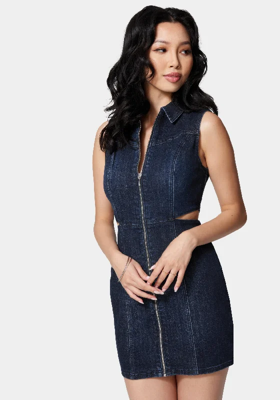 women's formal dressesFront Zip Side Cut Out Denim Dress