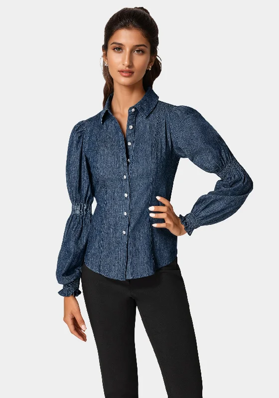 women's breathable dressesJewel Detail Smoked Denim Blouse