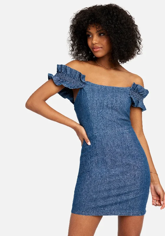 women's glam dressesOff Shoulder Ruffle Detail Denim Dress