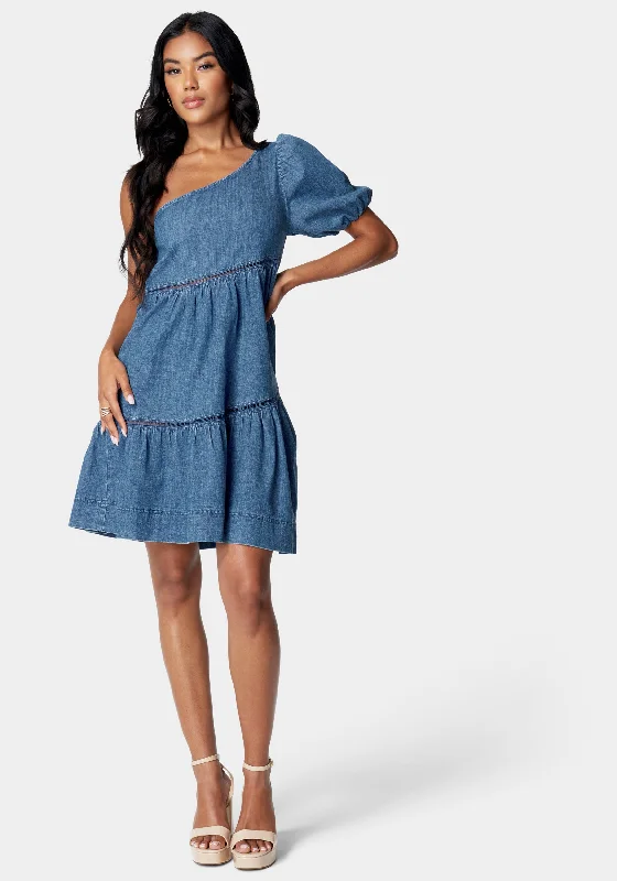 women's denim dressesOne Shoulder Asymmetric A Line Denim Dress