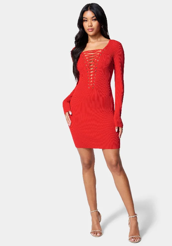 women's minimalist dressesPlunge Neck Lace Up Sweater Dress