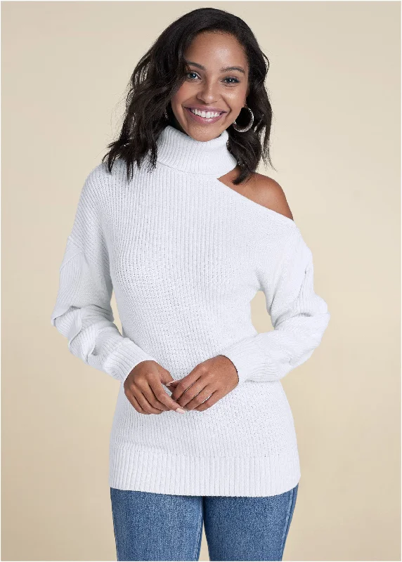 women's luxury dressesCutout Shoulder Turtleneck - White