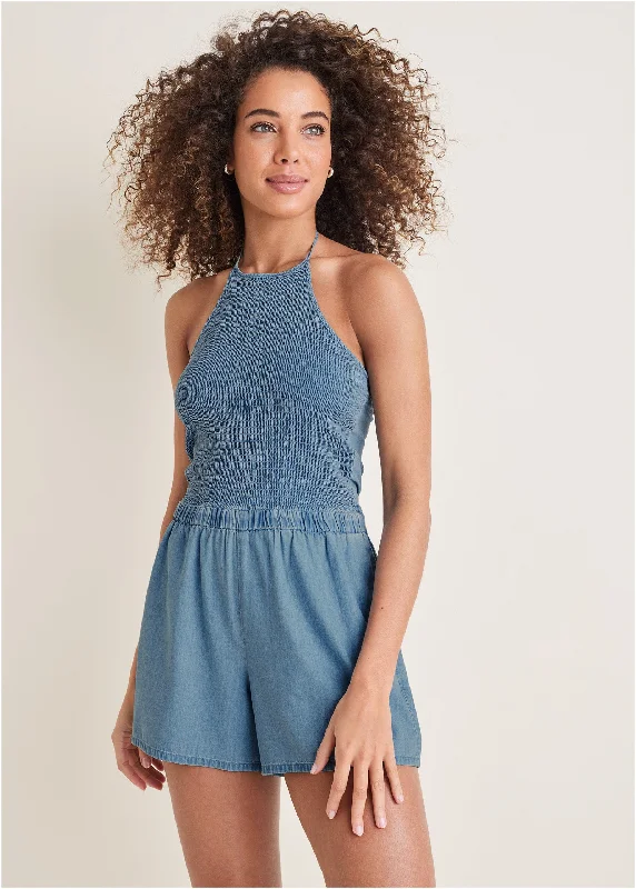 women's evening dressesSmocked Chambray Romper - Medium Wash