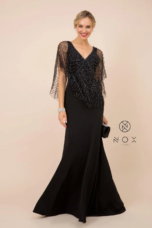 women's prom dressesBlack 3XL Long Fitted V-Neck Formal Dress with Beaded Cape Prom Sale