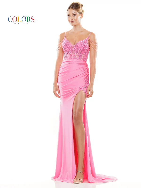 women's evening dressesColors 3302 Long Beaded Corset Bodice Front Slit Prom Dress